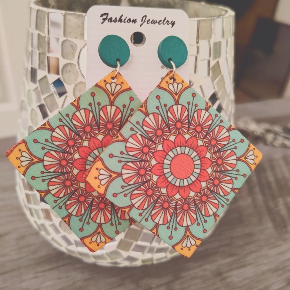 Wooden Boho To Floral Mandala Earrings